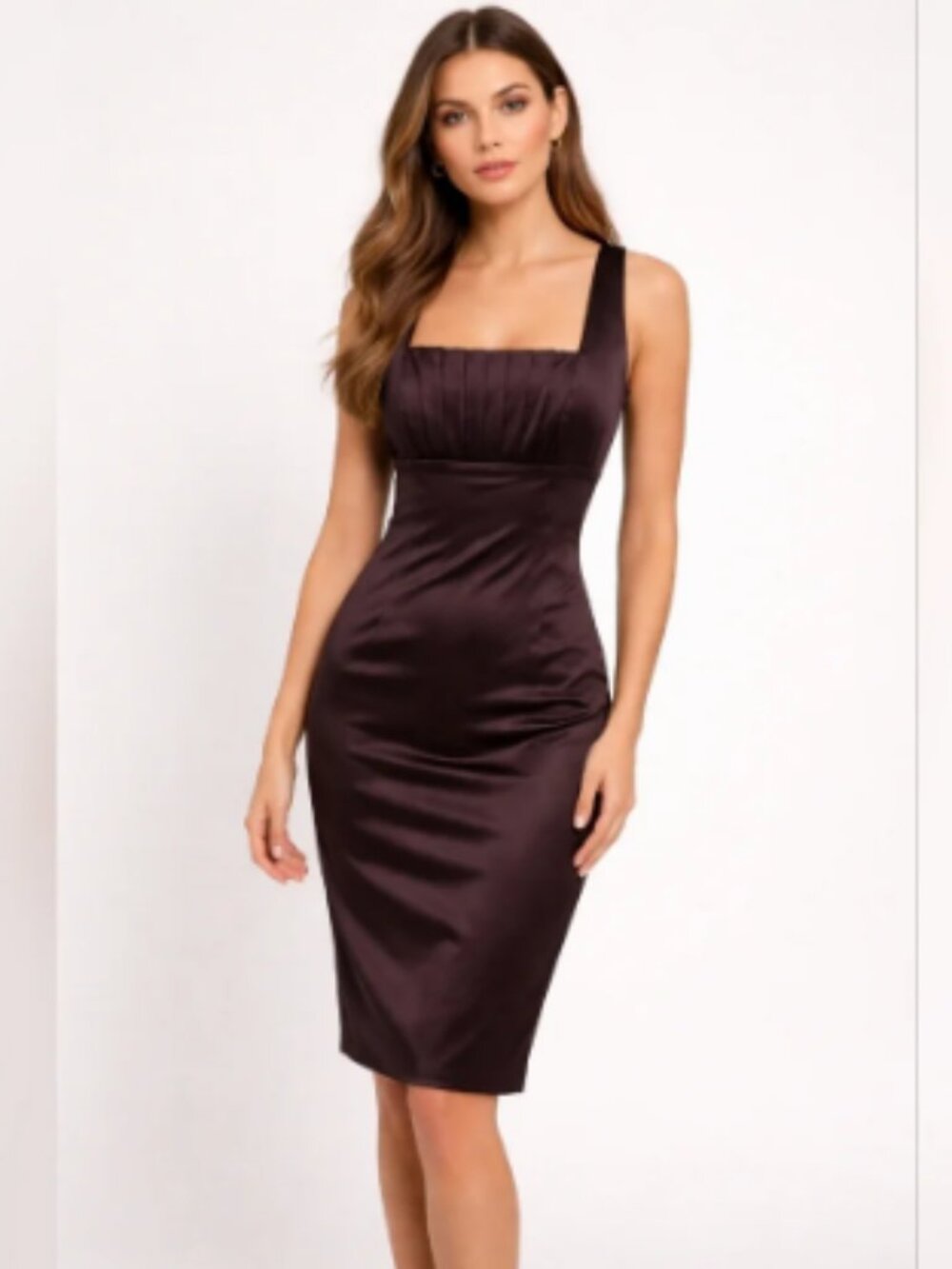 Calvin Klein Chocolate Brown Stretch Satin Sheath Dress - Size 8? (32" bust)